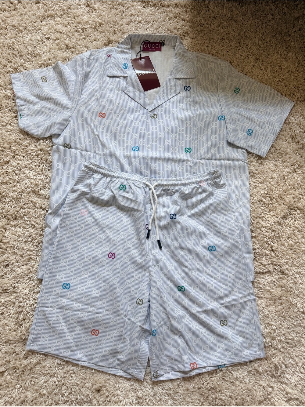 Gucci White Short Pajama Set with Multicolor Logo Accents